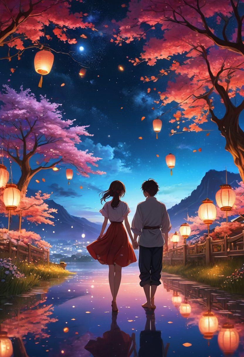 A visually captivating scene depicting a romantic and whimsical anime landscape, with celestial elements such as floating lanterns and ethereal flowers. Feature two characters in alluring poses, surrounded by soft, shimmering lights, exuding intimacy and fantasy. The background should include a dreamy night sky filled with stars and mystical creatures, embodying an enchanting atmosphere. The color palette should be rich and vibrant, emphasizing sensuality and allure. super-realistic. vibrant colors. fantasy art.